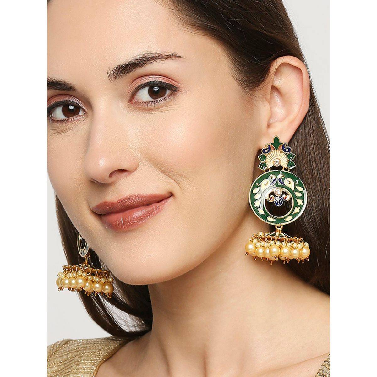 OOMPH Green Meenakari Floral Design Large Jhumka Earrings